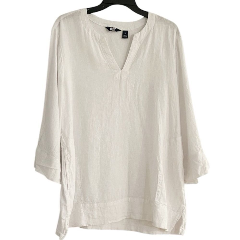 Lands’ End White Linen Blend V Neck Tunic Top Size Large